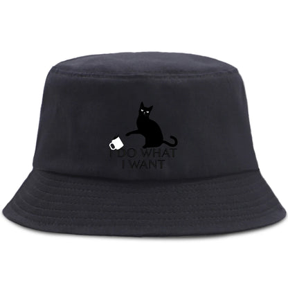 Little Black Cat And Knife Funny Letter Men Panama Hat Unisex Fashion Bucket Hats For Man Women