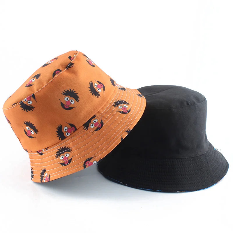 Vintage Printed Fishing Hat Summer Reversible Cartoon Bucket Hats For Women Men
