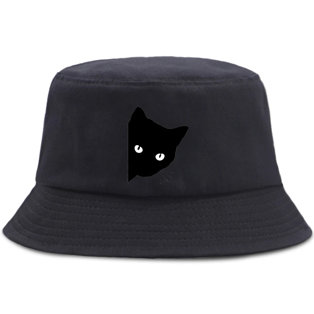 Little Black Cat And Knife Funny Letter Men Panama Hat Unisex Fashion Bucket Hats For Man Women