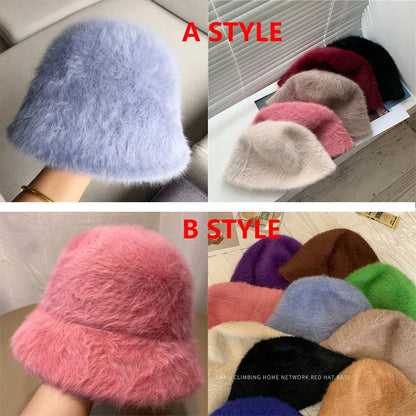 New Hat Winter Women's Fashion Solid Color Rabbit Fur Hat Bucket Cap