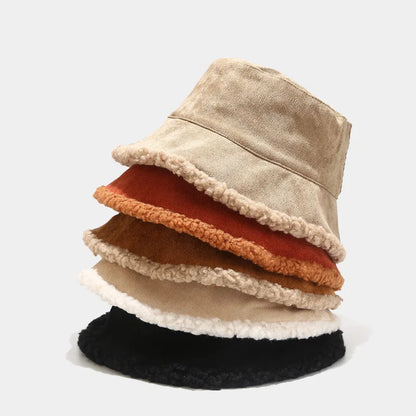 Reversible Faux Fur Bucket Hat Women Winter Lamb Wool Fleece Cap Corduroy Fisherman Hats