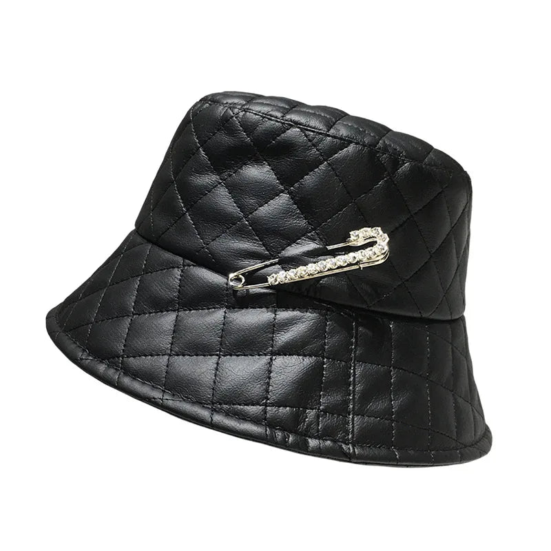 Warm Adult Women Casual PU Leather Plaid Pin Bucket Hat