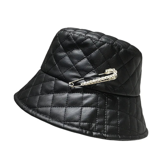 Warm Adult Women Casual PU Leather Plaid Pin Bucket Hat