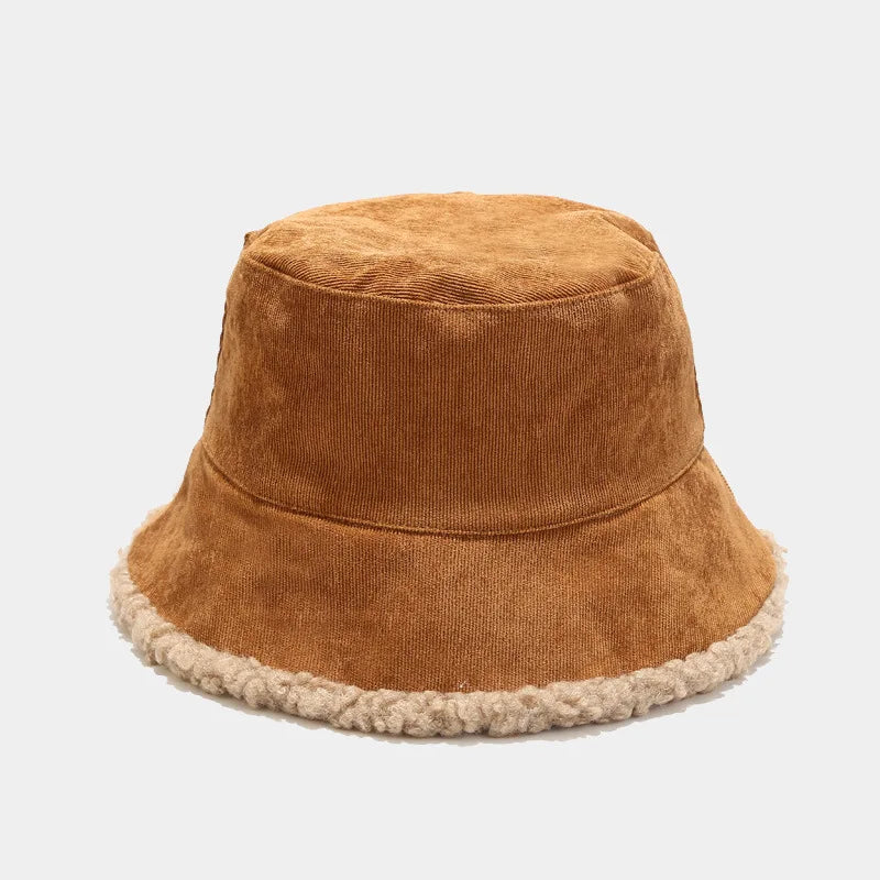 Reversible Faux Fur Bucket Hat Women Winter Lamb Wool Fleece Cap Corduroy Fisherman Hats