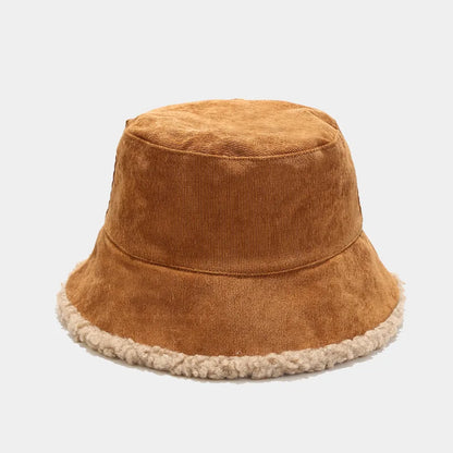 Reversible Faux Fur Bucket Hat Women Winter Lamb Wool Fleece Cap Corduroy Fisherman Hats