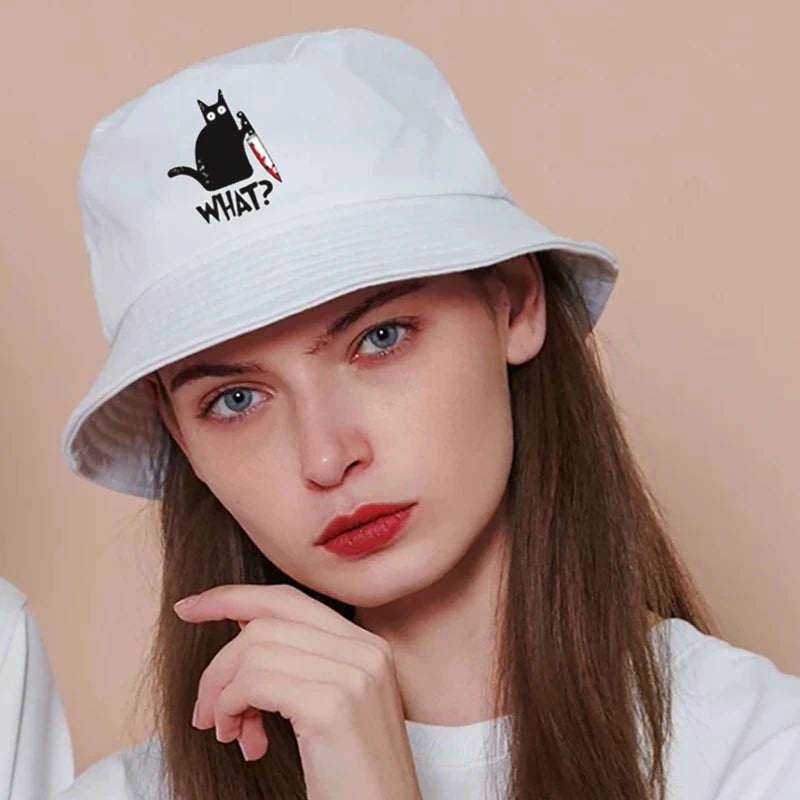 Little Black Cat And Knife Funny Letter Men Panama Hat Unisex Fashion Bucket Hats For Man Women