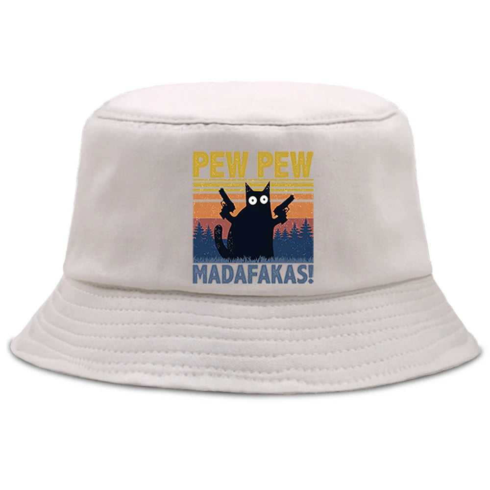 Pew Pew MADAFAKAS Black Cat Bucket Caps Women Street Beach Sun Hat Hip Hop Casual Fisherman Hats Men
