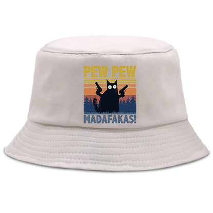 Pew Pew MADAFAKAS Black Cat Bucket Caps Women Street Beach Sun Hat Hip Hop Casual Fisherman Hats Men