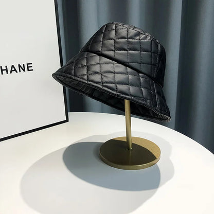 Warm Adult Women Casual PU Leather Plaid Pin Bucket Hat