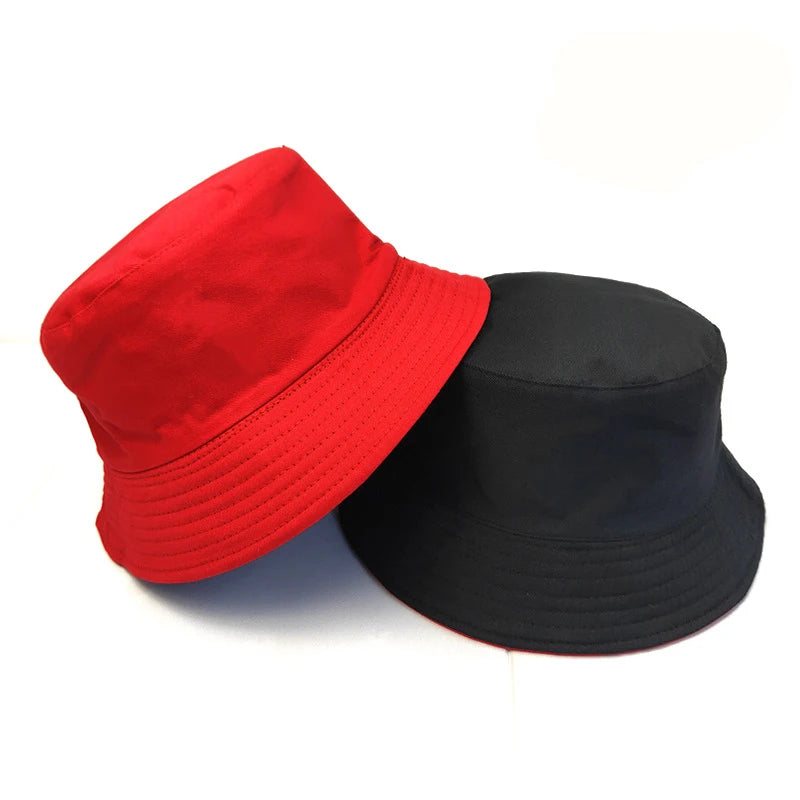 Black Solid Dots Bucket Hat Two Side Wear Unisex Simple Bob Caps Men Women