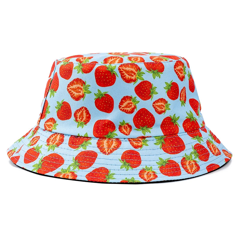 Unisex Bucket Hats Summer Double-Sided Wear Fruit Printing Men Women