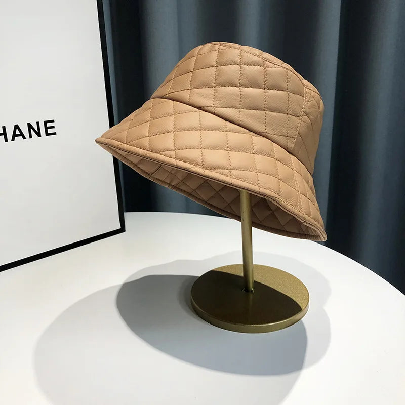 Warm Adult Women Casual PU Leather Plaid Pin Bucket Hat