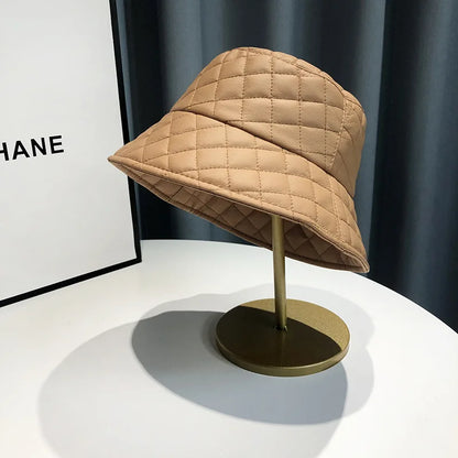 Warm Adult Women Casual PU Leather Plaid Pin Bucket Hat