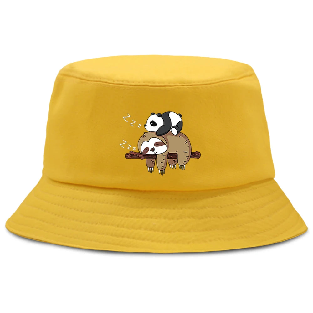 Lazy Panda And Sloth Cartoon Print Men Bucket Hats Fashion Cotton Women Panama Hat