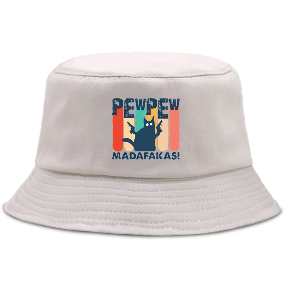 Pew Pew MADAFAKAS Black Cat Bucket Caps Women Street Beach Sun Hat Hip Hop Casual Fisherman Hats Men