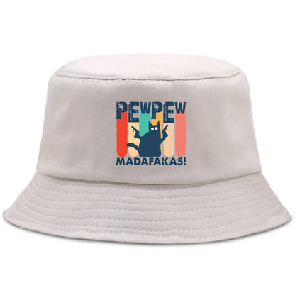 Pew Pew MADAFAKAS Black Cat Bucket Caps Women Street Beach Sun Hat Hip Hop Casual Fisherman Hats Men