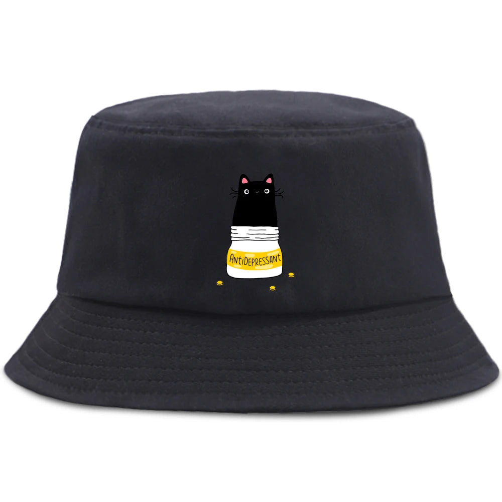 Little Black Cat And Knife Funny Letter Men Panama Hat Unisex Fashion Bucket Hats For Man Women