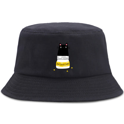 Little Black Cat And Knife Funny Letter Men Panama Hat Unisex Fashion Bucket Hats For Man Women