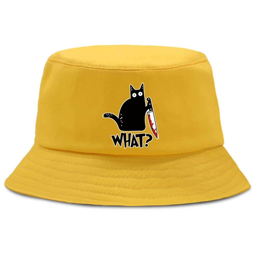 Little Black Cat And Knife Funny Letter Men Panama Hat Unisex Fashion Bucket Hats For Man Women