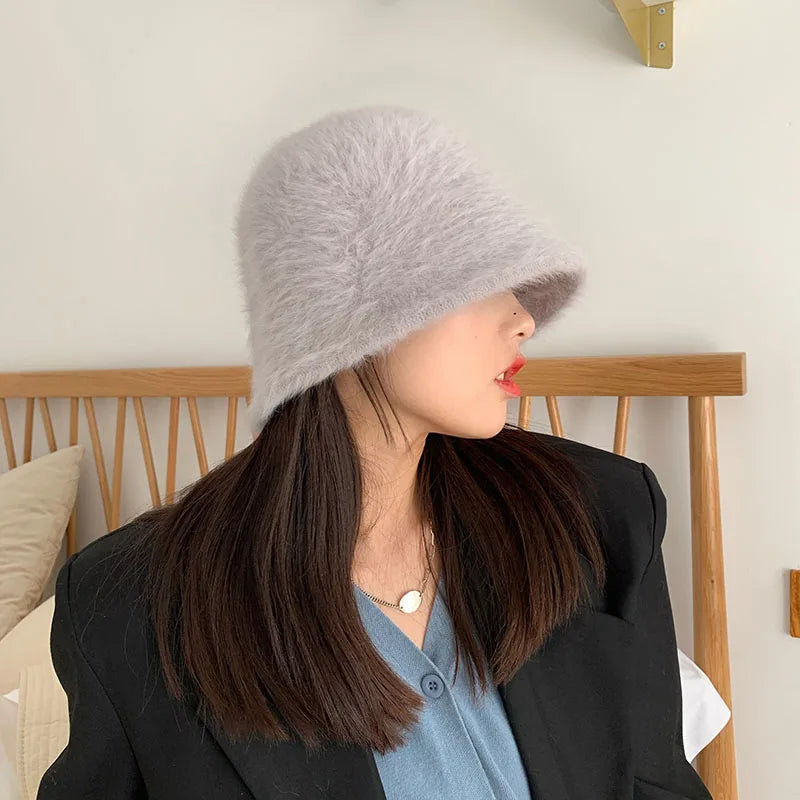 New Hat Winter Women's Fashion Solid Color Rabbit Fur Hat Bucket Cap