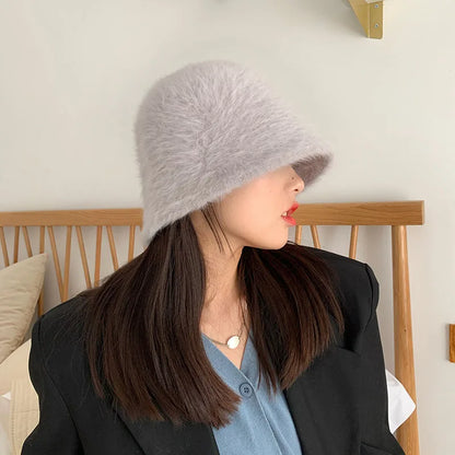 New Hat Winter Women's Fashion Solid Color Rabbit Fur Hat Bucket Cap