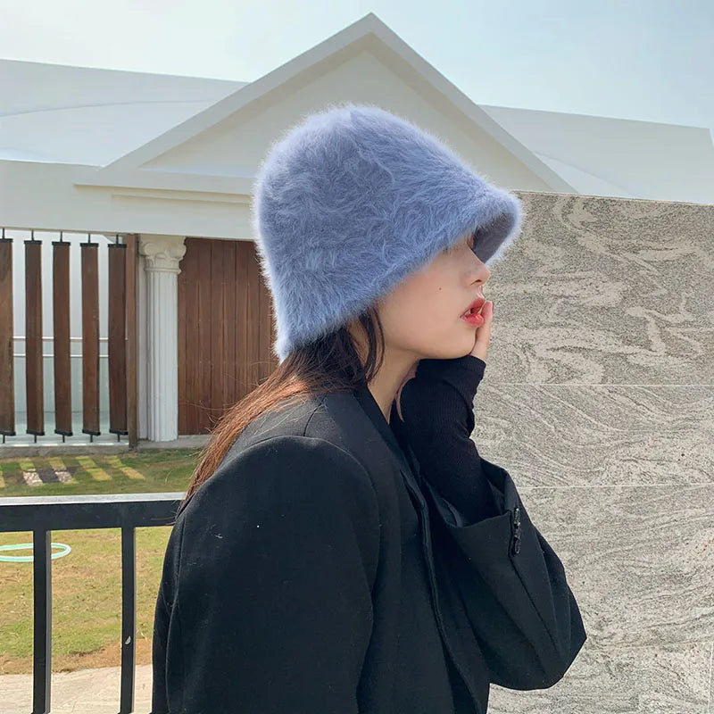 New Hat Winter Women's Fashion Solid Color Rabbit Fur Hat Bucket Cap