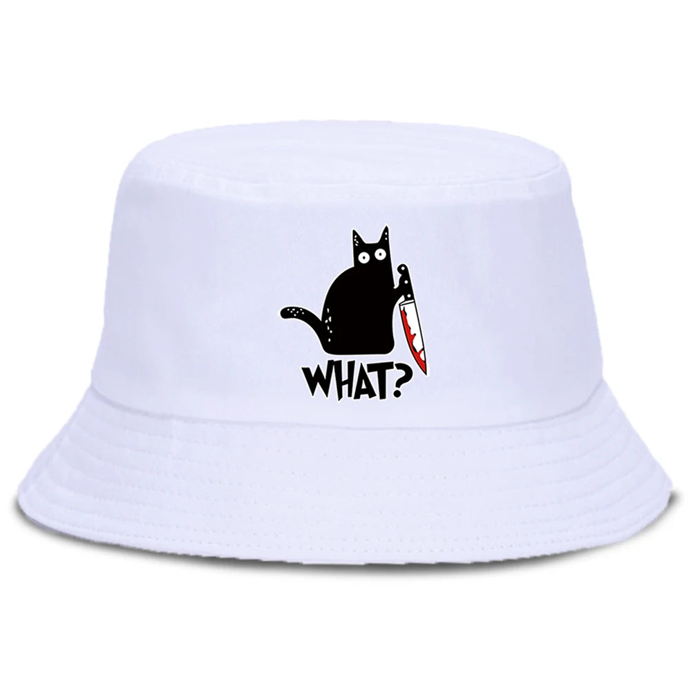 Little Black Cat And Knife Funny Letter Men Panama Hat Unisex Fashion Bucket Hats For Man Women