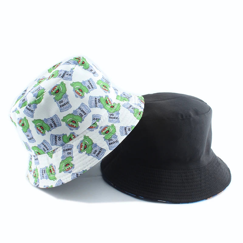 Vintage Printed Fishing Hat Summer Reversible Cartoon Bucket Hats For Women Men