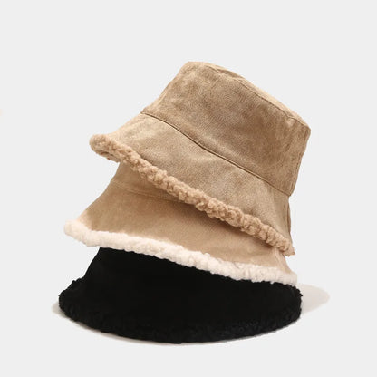 Reversible Faux Fur Bucket Hat Women Winter Lamb Wool Fleece Cap Corduroy Fisherman Hats
