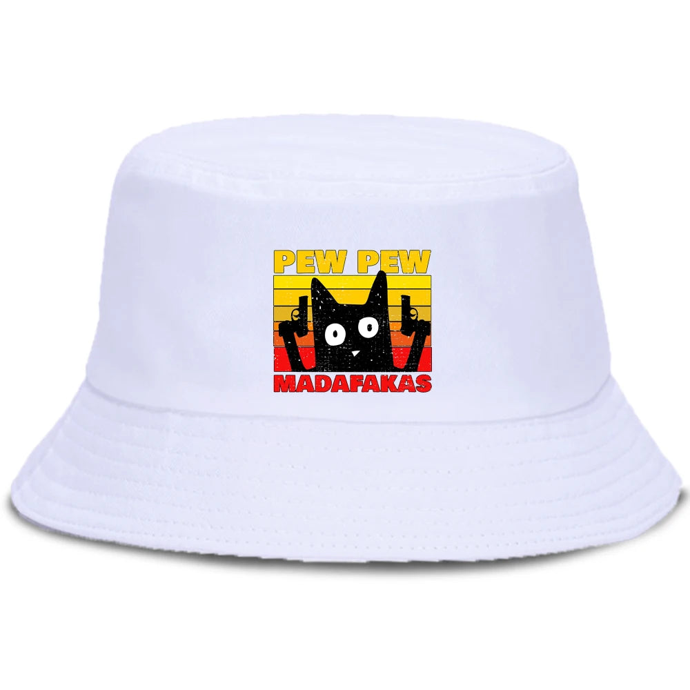 Pew Pew MADAFAKAS Black Cat Bucket Caps Women Street Beach Sun Hat Hip Hop Casual Fisherman Hats Men