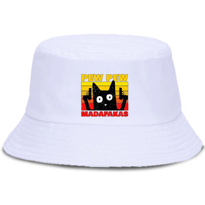 Pew Pew MADAFAKAS Black Cat Bucket Caps Women Street Beach Sun Hat Hip Hop Casual Fisherman Hats Men