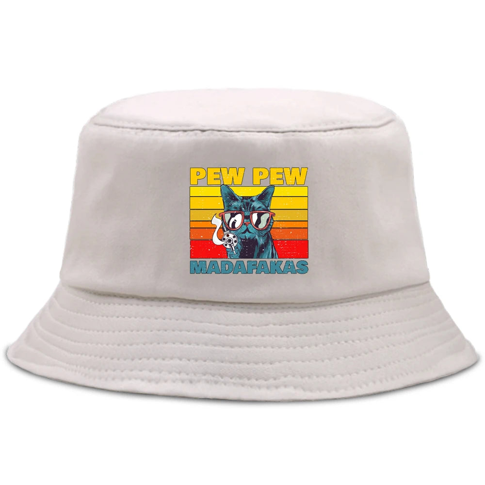 Pew Pew MADAFAKAS Black Cat Bucket Caps Women Street Beach Sun Hat Hip Hop Casual Fisherman Hats Men