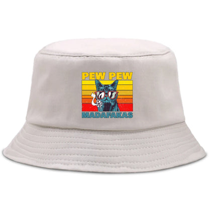 Pew Pew MADAFAKAS Black Cat Bucket Caps Women Street Beach Sun Hat Hip Hop Casual Fisherman Hats Men