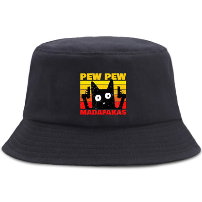 Pew Pew MADAFAKAS Black Cat Bucket Caps Women Street Beach Sun Hat Hip Hop Casual Fisherman Hats Men