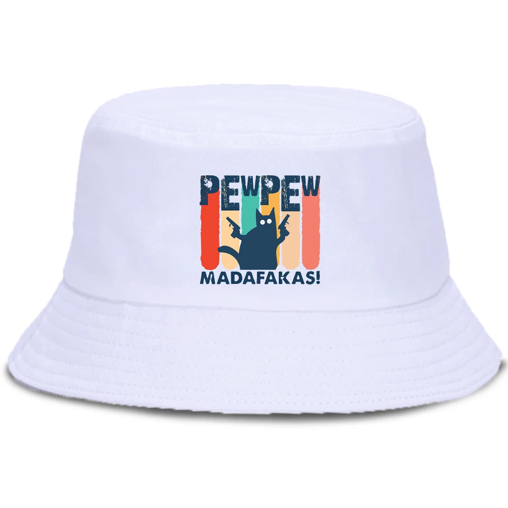 Pew Pew MADAFAKAS Black Cat Bucket Caps Women Street Beach Sun Hat Hip Hop Casual Fisherman Hats Men
