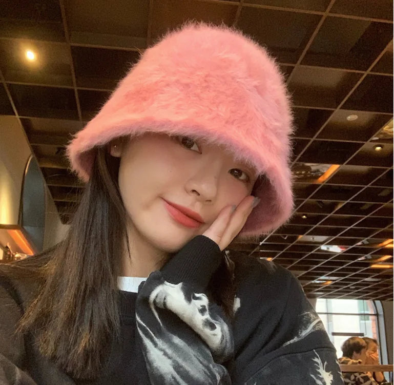New Hat Winter Women's Fashion Solid Color Rabbit Fur Hat Bucket Cap