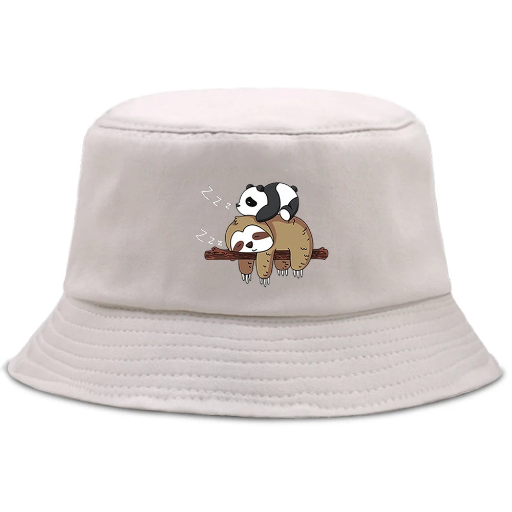 Lazy Panda And Sloth Cartoon Print Men Bucket Hats Fashion Cotton Women Panama Hat