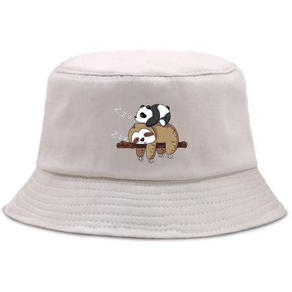 Lazy Panda And Sloth Cartoon Print Men Bucket Hats Fashion Cotton Women Panama Hat
