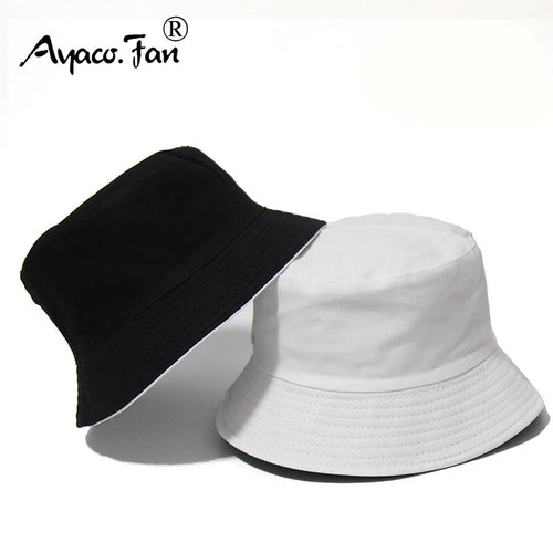 Black Solid Dots Bucket Hat Two Side Wear Unisex Simple Bob Caps Men Women
