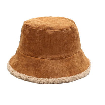Reversible Faux Fur Bucket Hat Women Winter Lamb Wool Fleece Cap Corduroy Fisherman Hats