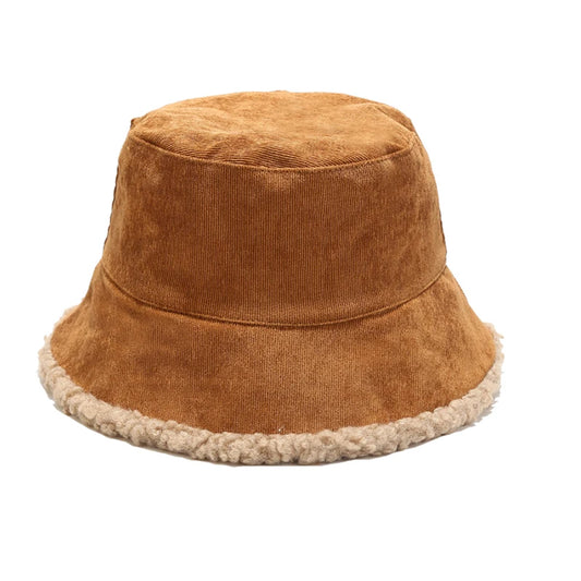 Reversible Faux Fur Bucket Hat Women Winter Lamb Wool Fleece Cap Corduroy Fisherman Hats