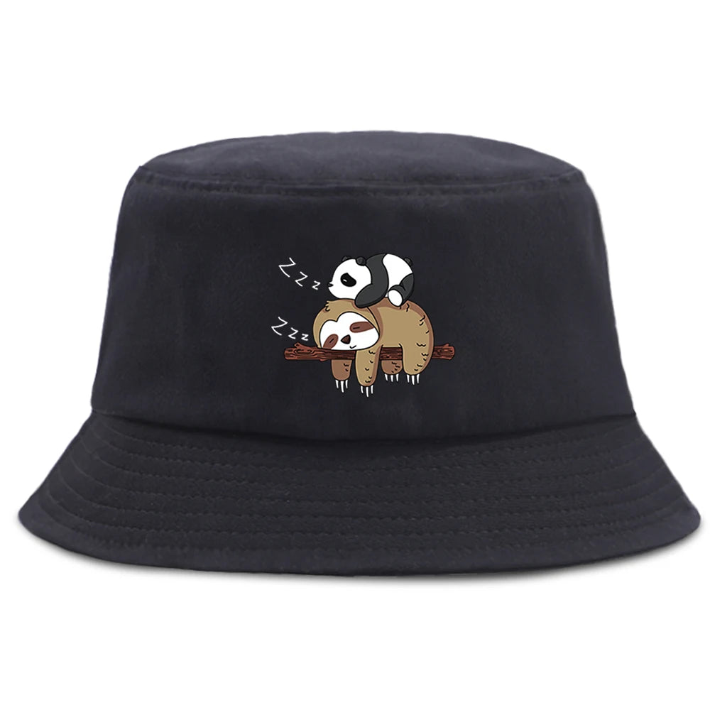 Lazy Panda And Sloth Cartoon Print Men Bucket Hats Fashion Cotton Women Panama Hat