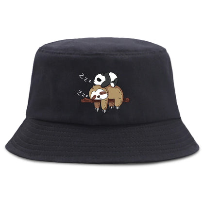 Lazy Panda And Sloth Cartoon Print Men Bucket Hats Fashion Cotton Women Panama Hat