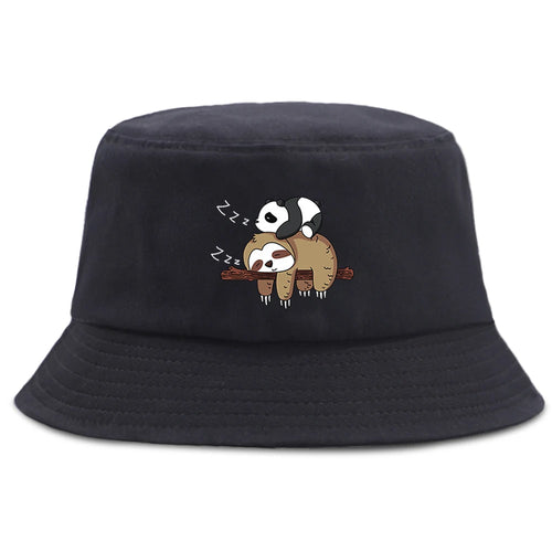 Lazy Panda And Sloth Cartoon Print Men Bucket Hats Fashion Cotton Women Panama Hat