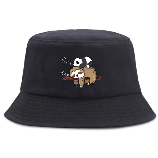 Lazy Panda And Sloth Cartoon Print Men Bucket Hats Fashion Cotton Women Panama Hat