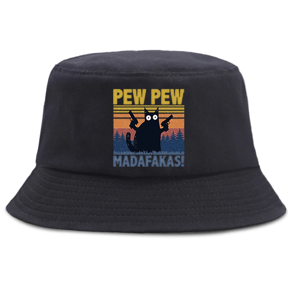 Pew Pew MADAFAKAS Black Cat Bucket Caps Women Street Beach Sun Hat Hip Hop Casual Fisherman Hats Men