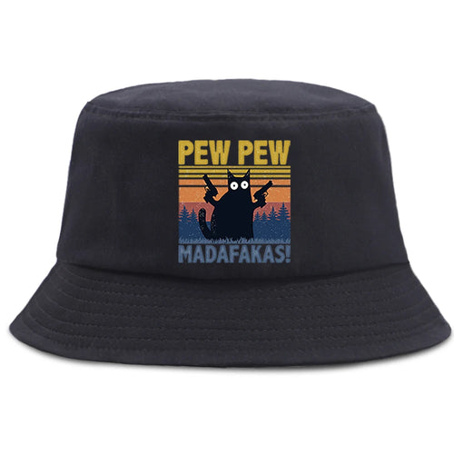 Pew Pew MADAFAKAS Black Cat Bucket Caps Women Street Beach Sun Hat Hip Hop Casual Fisherman Hats Men