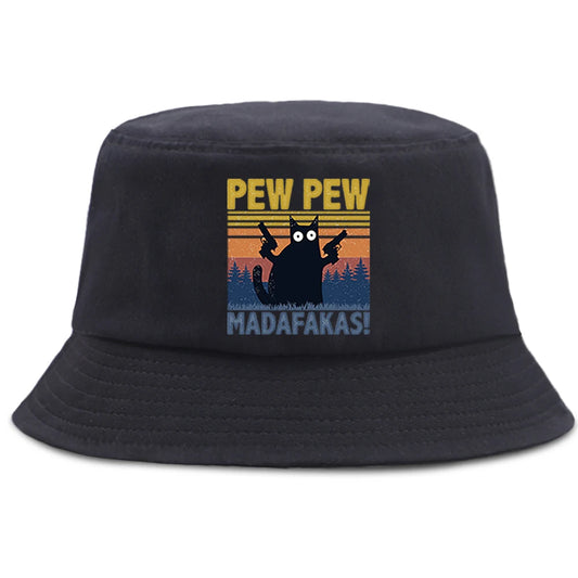 Pew Pew MADAFAKAS Black Cat Bucket Caps Women Street Beach Sun Hat Hip Hop Casual Fisherman Hats Men