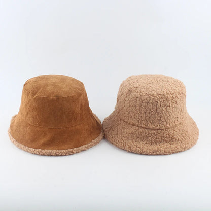Reversible Faux Fur Bucket Hat Women Winter Lamb Wool Fleece Cap Corduroy Fisherman Hats