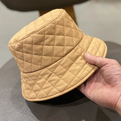 Warm Adult Women Casual PU Leather Plaid Pin Bucket Hat